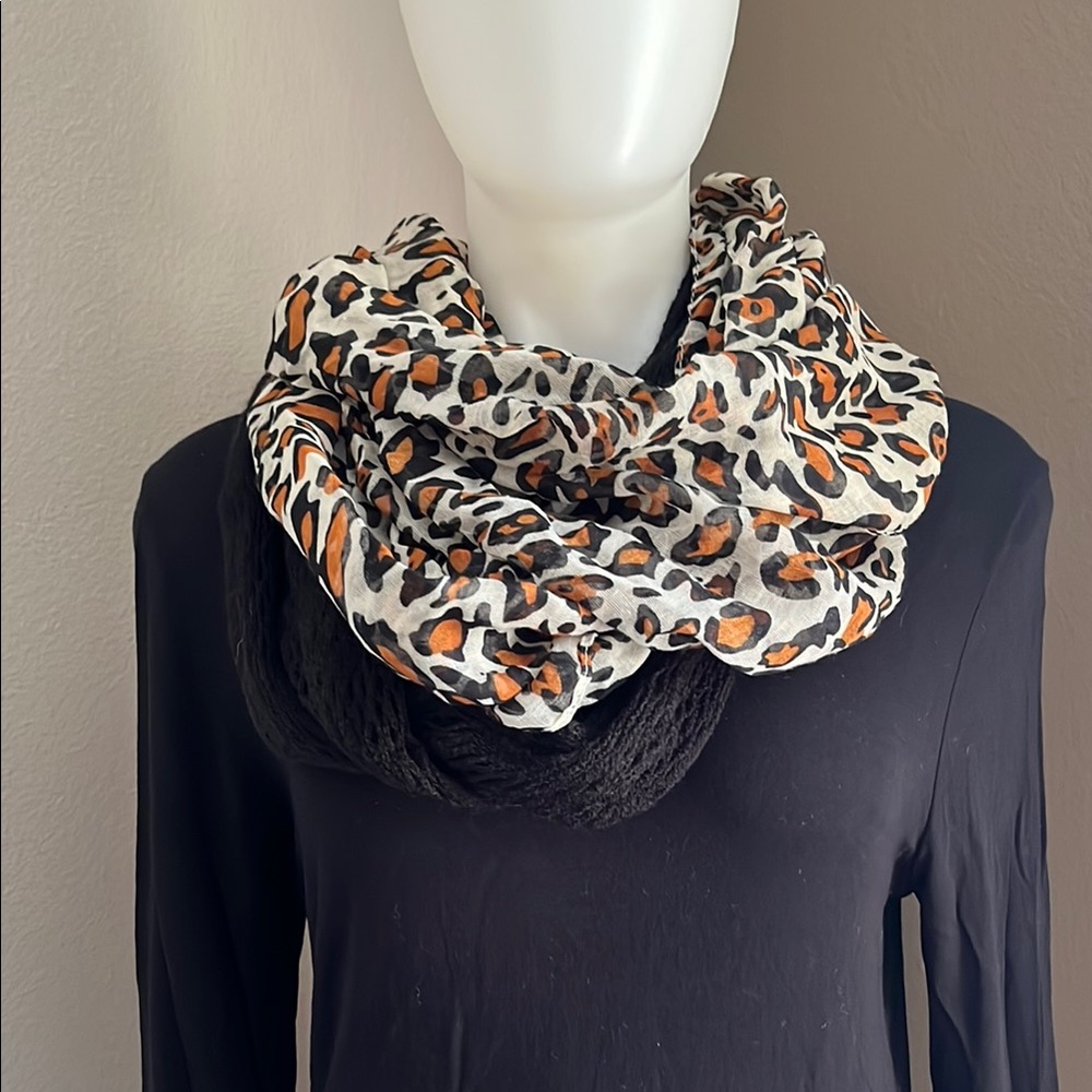 Black Knit and Leopard Print Infinity Scarves